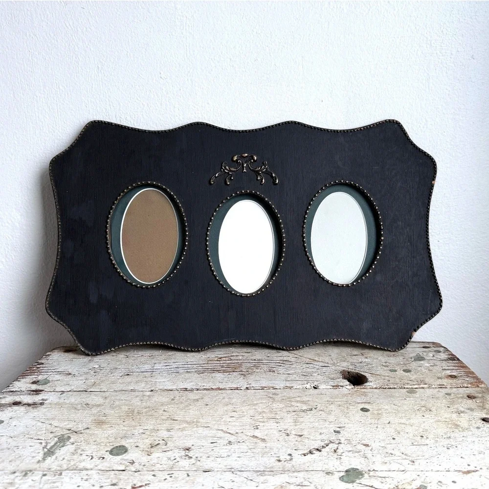 Antique Triple Oval Photo Frame Eastlake Scalloped‎ Black Gold Wood Wall Decor